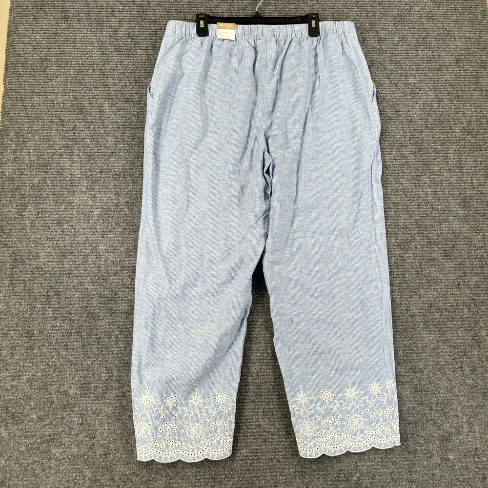 Chicos Pull On Straight Ankle Pant Women 16 Linen Blend Blue Stripe Eyelet Hem